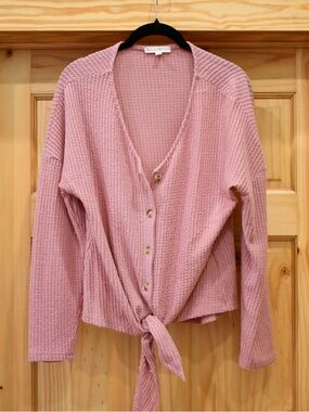 Tie-Front Waffle Knit Cardigan in Dusty Rose